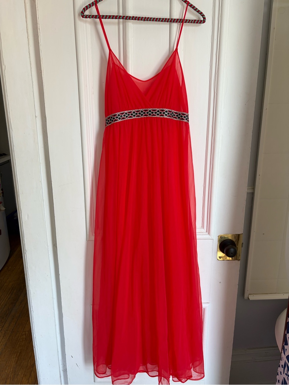 Vintage Vibrant Red Nylon Nightgown with Embellished Waist